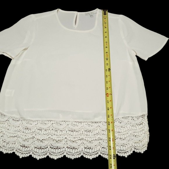 Pale Sky Top Womens Small Ivory Short Sleeve Crochet Sheer Blouse Keyhole - Picture 3 of 11